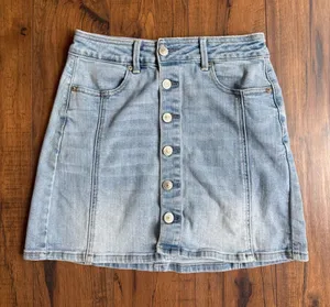 American Eagle Light Wash Denim Button-Front Denim Mini Skirt thumbnail 1