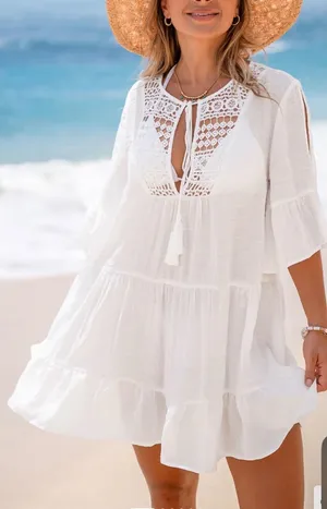 Cupshe White Crochet Lace Tiered Mini Dress Tassel Tie Beach Coverup Size L thumbnail 1