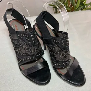 Miss Sixty Sade Stiletto Heels Black Leather Studs Jeweled Slingback Size 38 thumbnail 2