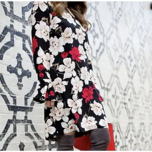 CeCe Womens Floral Mini Dress Size 12 Black Beige Red Long Bell Sleeve Lined thumbnail 3