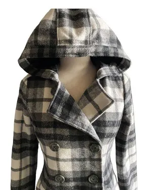 Aeropostale Beautiful black and white plaid hooded pea coat thumbnail 3