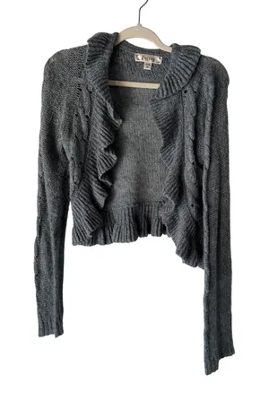 Decree Sweater Y2k XL Gray Metallic Ruffle Open‎ Cardigan Knit Cropped Soft thumbnail 1