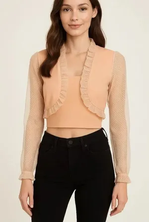 Vintage pale pink size XS Swiss dot sheer sleeves cropped jacket. thumbnail 1