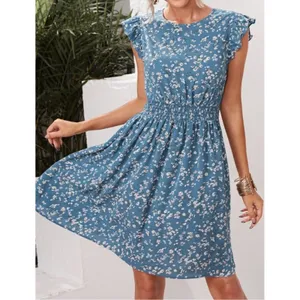 Ditsy‎ Floral Dress Blue Ruffle Cap Sleeve Smocked Waist Boho Cottage Garden S thumbnail 3