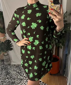 Ganni Floral Print Crepe Mini Shift Dress Brown Green Size 36 thumbnail 1