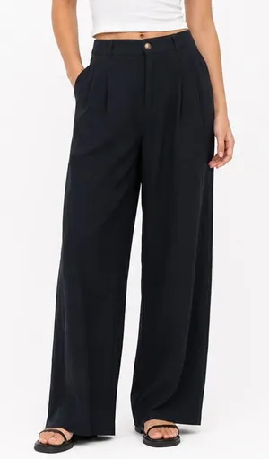 Navy Blue Wide Leg Pleated Trousers High Waist Elastic Back Pants Size L thumbnail 1