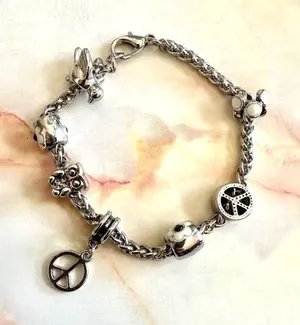 Silver tone bird flower peace owl charm bracelet thumbnail 1
