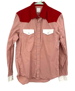 Sandro Size Small Long Sleeve Button Up Blouse Top Shirt Pink Red White Western‎ thumbnail 1