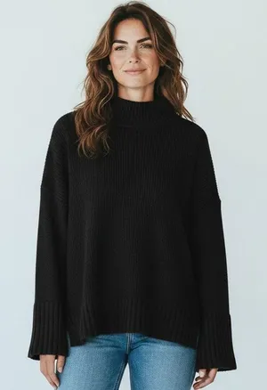 S Sweater Knit Pullover Oversized Wool Blend Funnel Mock Neck Y2K 2000's Black thumbnail 1