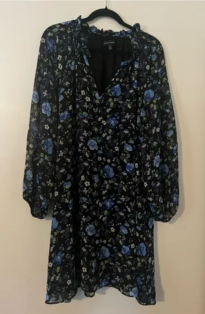 Banana Republic Blue Black Floral Long Sleeve Mini Dress XL Office Career thumbnail 1