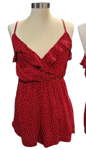 Brandy Melville S Red Polka Dot Ruffle Wrap Front Mini Romper Playsuit Coquette‎ thumbnail 1