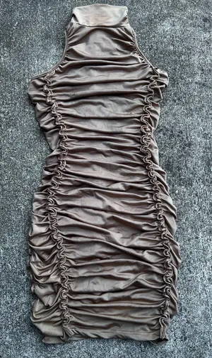 E: Hera Collection Taupe Mock Neck Ruched Bodycon Dress Size S Marks thumbnail 1