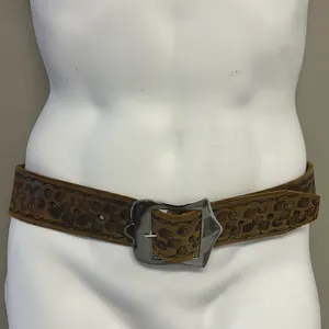 Brown Western Leather Embossed Floral Inspired Belt with Shiny Silver Hardware thumbnail 1
