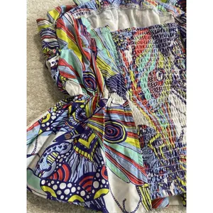 Anthropologie Strapless Smocked Ruffle Blouse Multicolor Cotton Abstract XS thumbnail 8