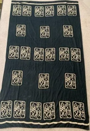 Fabric Souvenir Rectangle Beach Boho Hippy Fish Black Tan Symbols 3.5ft … thumbnail 1