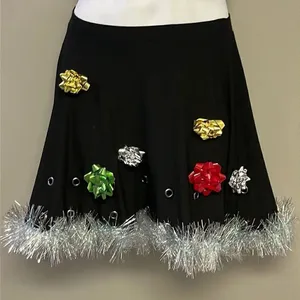 Btween Us Black Fit and Flare Ugly Christmas Skirt w/ Bows & Tinsel Garland- Med thumbnail 1
