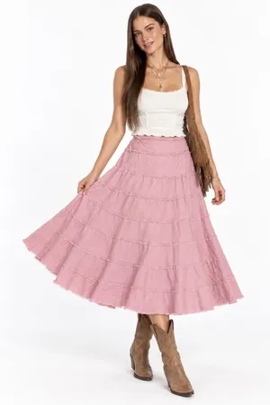 Metro Girl Pink Corduroy Tiered Midi Skirt Y2K Balletcore Raw Hem Size 10 Pastel thumbnail 1