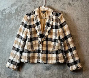 Ann Taylor NEWBURY Plaid Blazer Check One Button Fringe Sz 12 Career Preppy‎ thumbnail 1