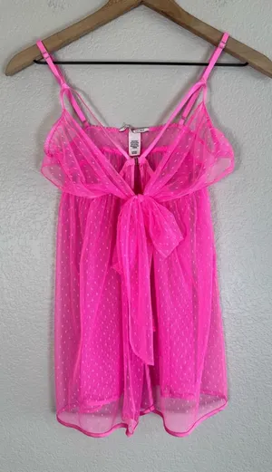 Victoria’s Secret Hot Pink Swiss Dot Sheer Mesh Babydoll Bow Tie Front $80 Small thumbnail 1