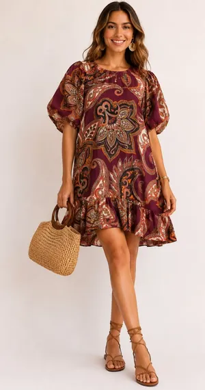 FARM Rio Paisley Floral Print Mini Dress Burgundy Puff Sleeve Size Large thumbnail 1