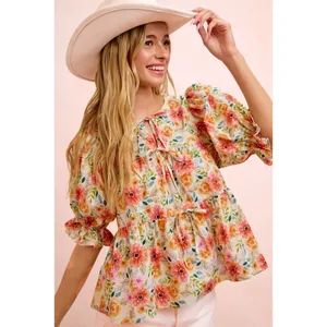 BiBi Flower‎ Printed Shirring Detail Blouse Top - Flower - Large thumbnail 5
