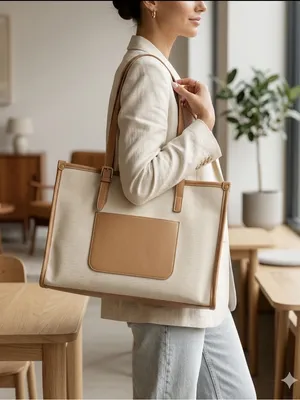 Mystique Boutique Cream and Tan Canvas Tote Bag thumbnail 1