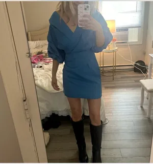 Showpo Blue Puff Sleeve Wrap Mini Dress – Size US 2 thumbnail 5