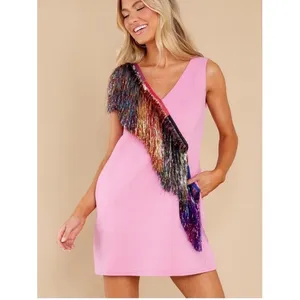 Queen of Sparkles Women Dress Medium Pink Diagonal Metallic Fringe Party Event thumbnail 10