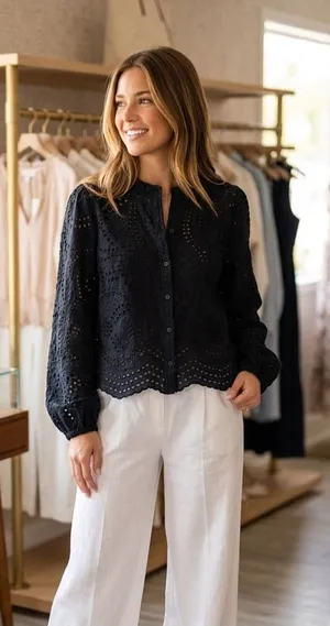 $178 NWOT Joie Black Eyelet Button-Down Top – 100% Cotton – Size XS thumbnail 1