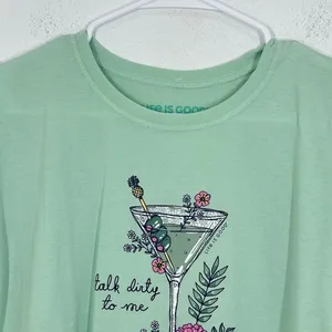 Life is Good Floral‎ Martini Talk Dirty To Me Graphic T Shirt Light Green Medium thumbnail 6