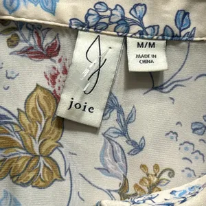 Joie Cream and Blue Floral Blouse Medium Button Down Satin Top thumbnail 4