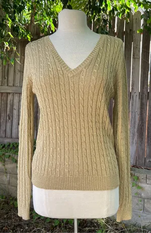 Lauren Ralph Lauren Gold lurex v neck cable knit sweater Xmas holidays luxurious thumbnail 1