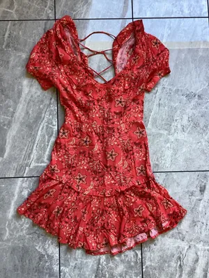 Spell & The Gypsy Collective Red Floral Star Lace Up Mini Dress XS Boho Ruffle thumbnail 1