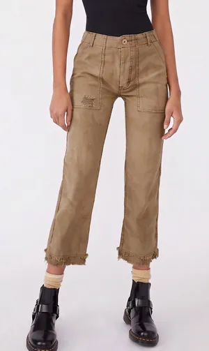 Free People Tan Distressed Utility Pants Frayed Hem Canvas Straight Leg Size 28 thumbnail 1