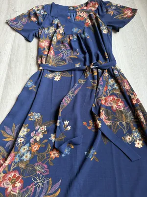 Cali Style Floral Midi Dress Blue Belted Short Sleeve Boho Casual thumbnail 2