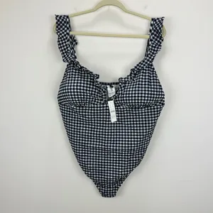 J.Crew Ruffle V Neck One Piece Gingham Swimsuit Padded Navy Retro US 24 NWT thumbnail 3