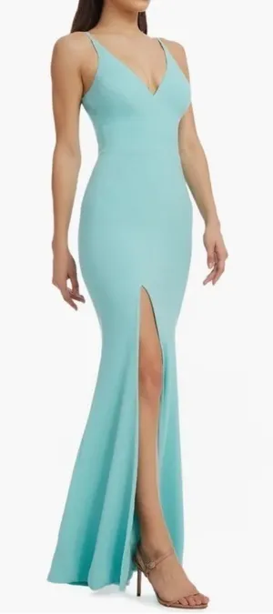 NWOT Dress the Population Iris maxi slit crepe gown tranquil blue sz XL thumbnail 1