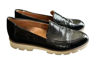Vionic Kensley Chunky Loafer Sz 9 Black Lug Heel Shiny Leather Shoe Slip On thumbnail 1