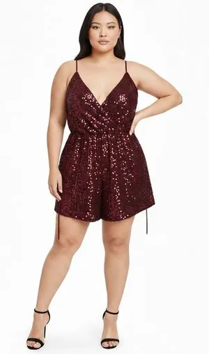 NWT Forever 21 Romper Womens 2X Wine Red Sequin V-Neck NYE‎ Vegas Holiday Glam thumbnail 1