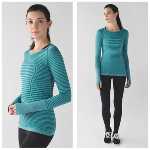 Lululemon Swiftly Tech Long Sleeve Crew Teal Blue Green Striped Running Top 4 thumbnail 2