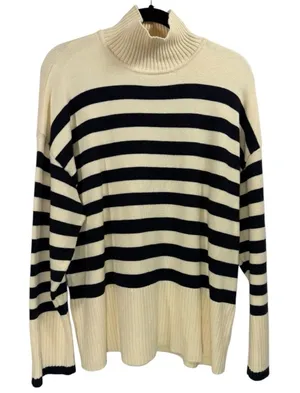Zara Womens Medium Striped Turtleneck Sweater Cream Navy Long Sleeve Chunky Knit thumbnail 1