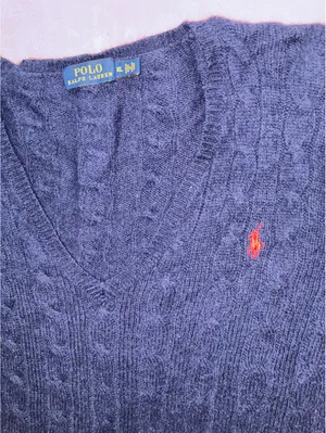 Polo Ralph Lauren Wool Cashmere Cable Knit V-Neck Sweater Navy XL thumbnail 4