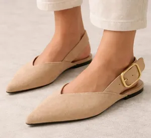 Zara‎ Suede Pointed Toe Slingback Flats in Beige with Gold Buckle Size 38/7 thumbnail 1