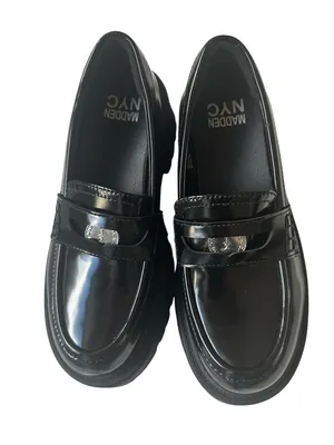 Madden NYC Platform Lug Sole Penny Loafers in shiny black patent finish. thumbnail 3