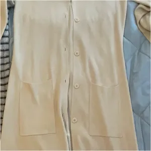 Max Studio Long button up cardigan with long sleeves in a cream color thumbnail 4