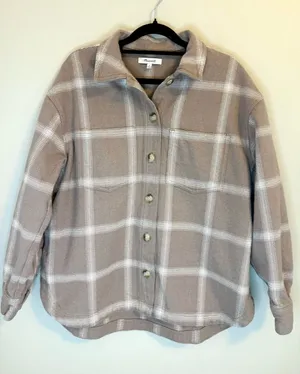 Madewell Plaid Shacket Overshirt Jacket Beige Taupe Side Pockets Medium thumbnail 1