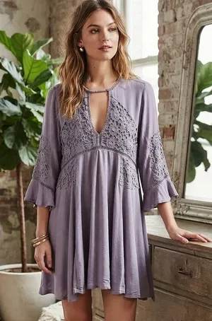 Free People Lilac Crochet Lace Tunic Dress Boho Small thumbnail 1