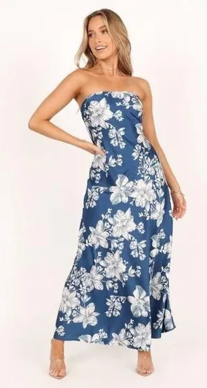 Petal + Pup Gemma Strapless Satin Maxi Dress Blue White Floral Size Large thumbnail 1