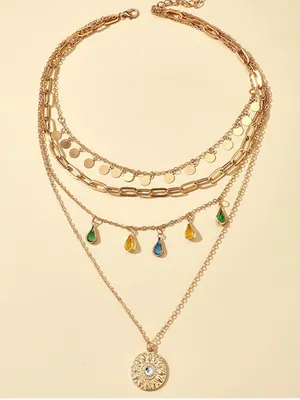 Gold Tone Layered Link Chain Necklace Sun Round Charm Clear Stone Lobster thumbnail 4