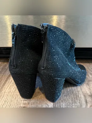Very G Black Rhinestone Heeled Peep Toe Booties Zip Back Size 8 Glitz Sparkle thumbnail 2
